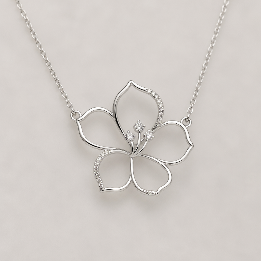 A women's necklace made of silver. hibicus vu de coté ligne fine coubes (diamand d'un coté des petales) et delicat ,3 tres petit diamand dans le milieu au bout de la tige interieur de la fleur vide, plus detail, 5 petales chaine de chaque coté, tige qui ne depasse la fleur, eleguente
photorealistic jewelry design, A women's necklace made of silver. hibicus vu de coté ligne fine coubes (diamand d'un coté des petales) et delicat ,3 tres petit diamand dans le milieu au bout de la tige interieur de la fleur vide, plus detail, 5 petales chaine de chaque coté, tige qui ne depasse la fleur, eleguente, modern style, just the design no text