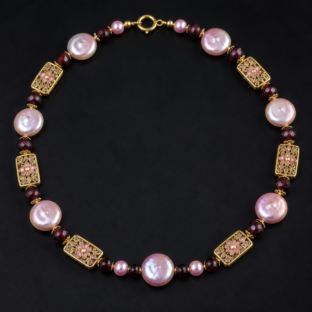 8mm coin pearls pink luster, pink luster round pearls 6mm, garnet spacers 4mm rounds. Gold filigree cloisonné rectangle beads with pick enamel
photorealistic jewelry design, 8mm coin pearls pink luster, pink luster round pearls 6mm, garnet spacers 4mm rounds. Gold filigree cloisonné rectangle beads with pick enamel, victorian style, just the design no text