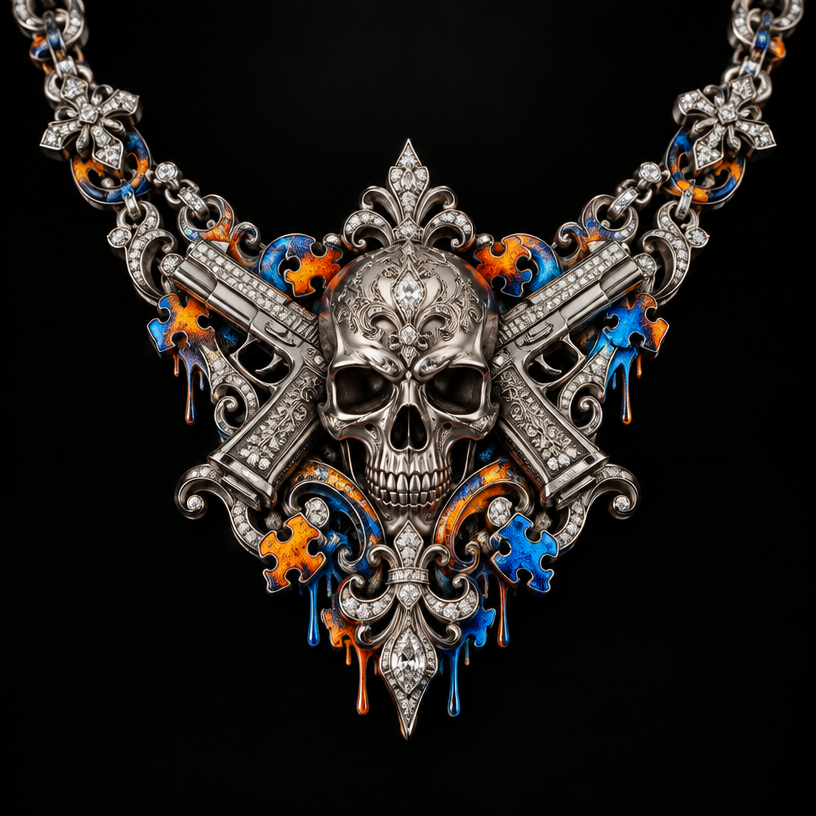 A gothic women's necklace made of platinum suitable for formal. a skull with neon graffiti around the skull and pistols crossing "the family " written in old english
using the attached image as a visual reference, create A gothic women's necklace made of platinum suitable for formal. a skull with neon graffiti around the skull and pistols crossing "the family " written in old english. photorealistic, just the design no text