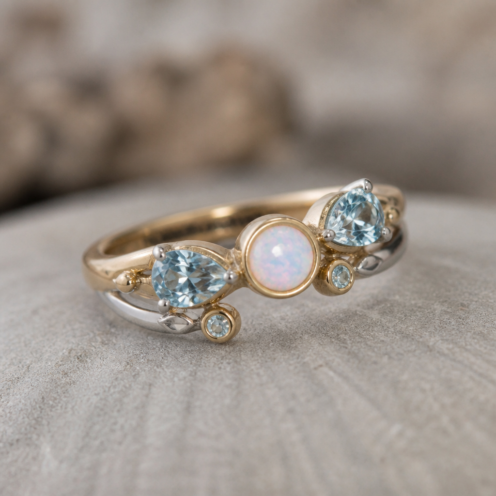 A minimalist women's ring made of mixed metal with opal and topaz and aquamarine stones suitable for festival. A modern women ring with little ornaments of modern motifs.
photorealistic jewelry design, A minimalist women's ring made of mixed metal with opal and topaz and aquamarine stones suitable for festival. A modern women ring with little ornaments of modern motifs., minimalist style, just the design no text