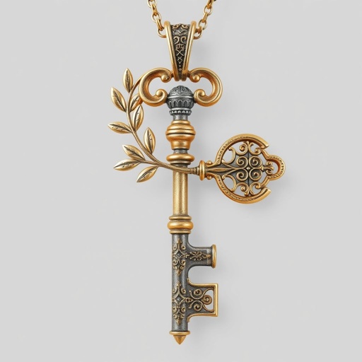 Old skeleton key shape gold and silver tones with olive branch turning on leg and keffieh print on the tip