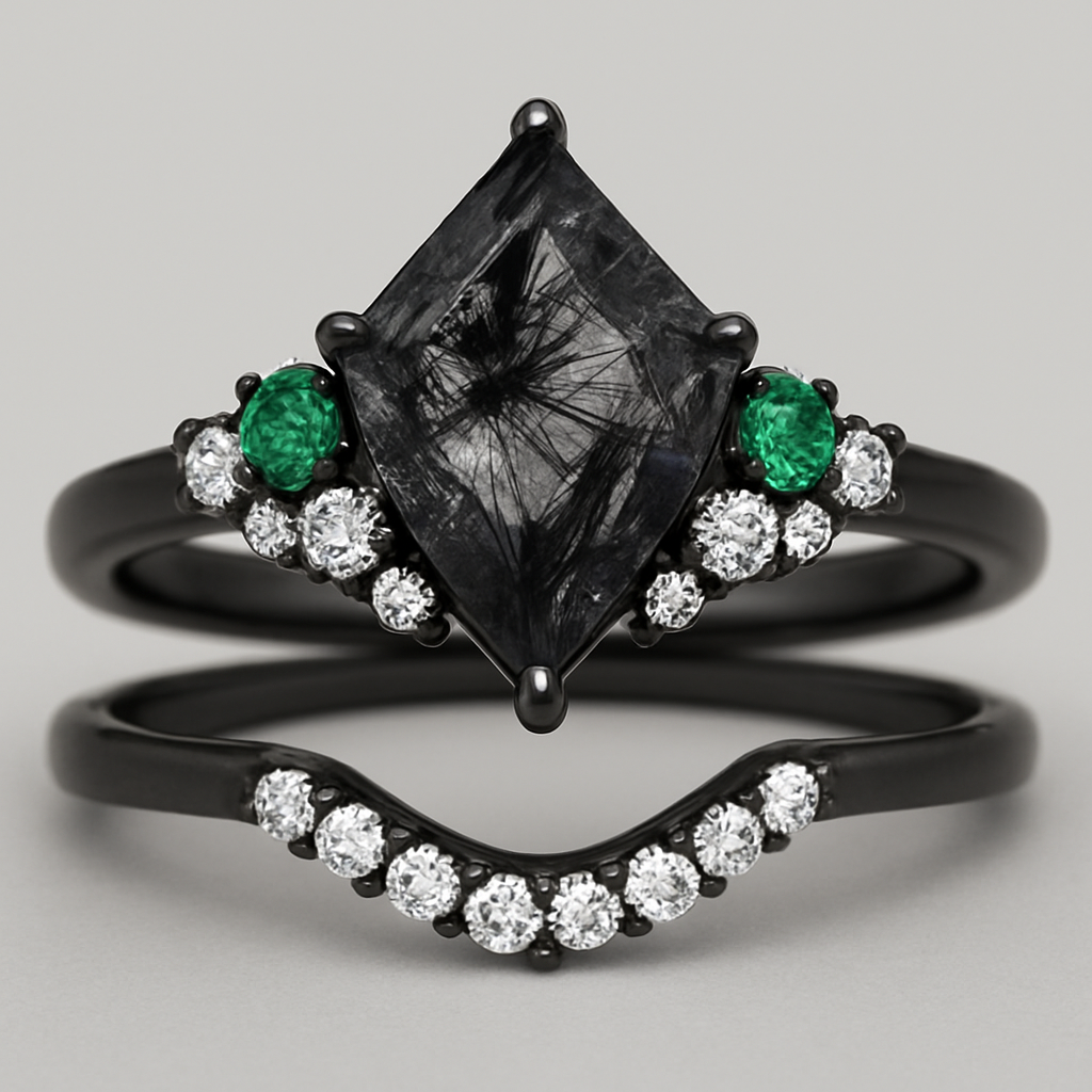 Kite cut Black rutilated quartz with 1 emerald on each side and 3 moissanite on each side accent stones in a cluster on a black band, separate wedding band black with moissanite stones that curves around the main stone 