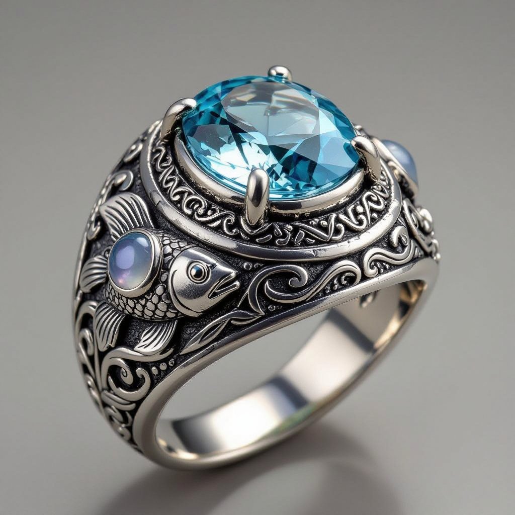 Aquamarine, and stones, silver ring with pisces/fish motif for man.