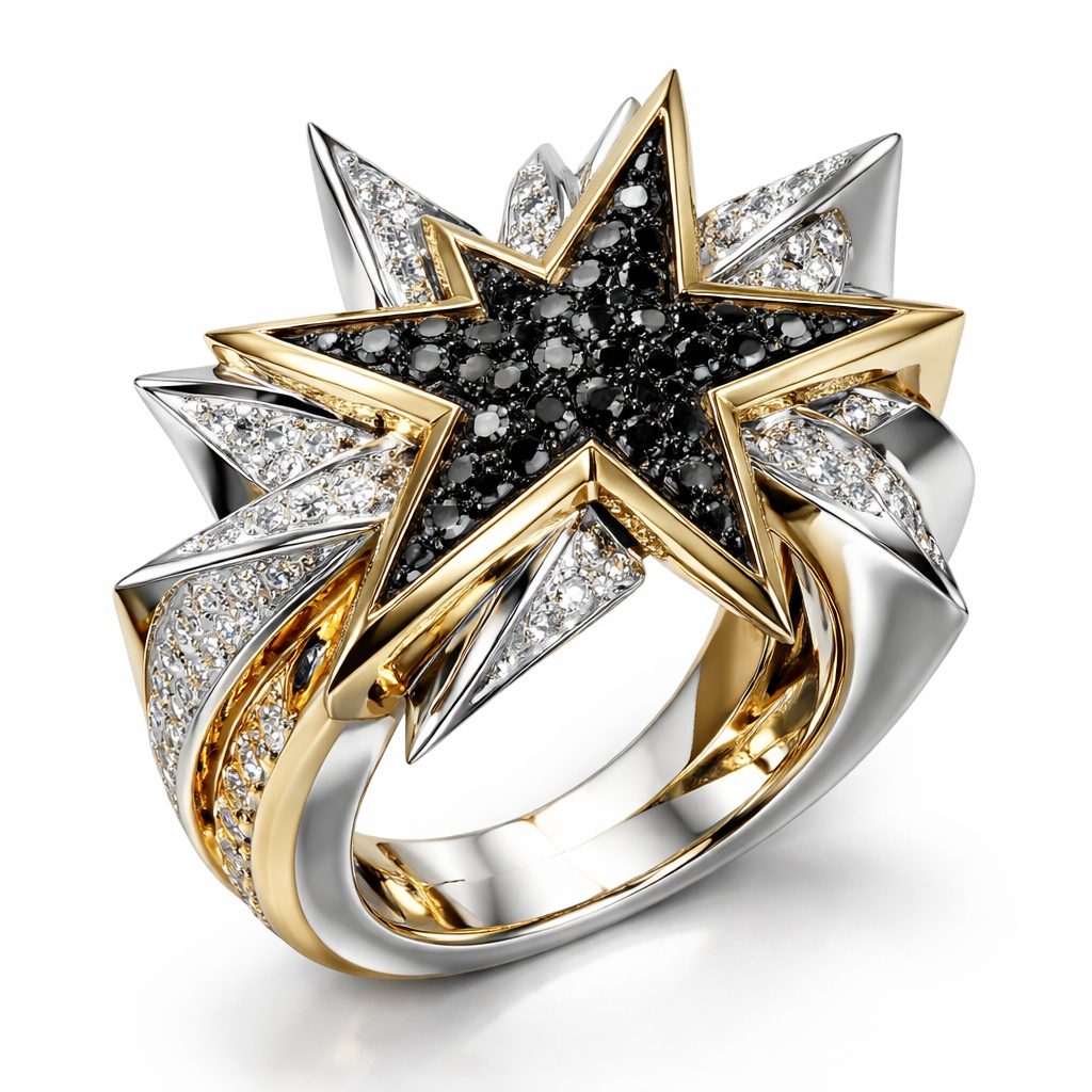 Unique modern edgy ring of Unique design of edges and bold shapes of nice unique star with black diamonds and white diamonds of white background combined of yellow and white gold