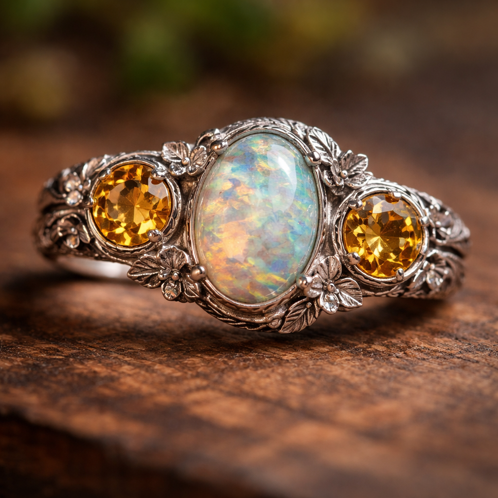 Two round citrine and one oval opal set in silver ring