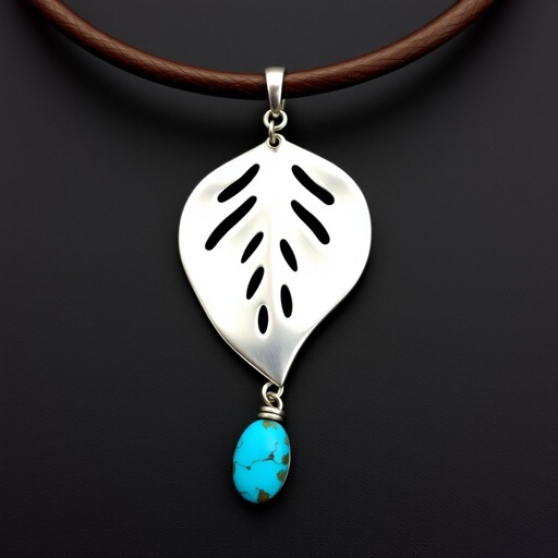 Modern stylish necklace on thick leather cord with big silver pendant and stone charm 