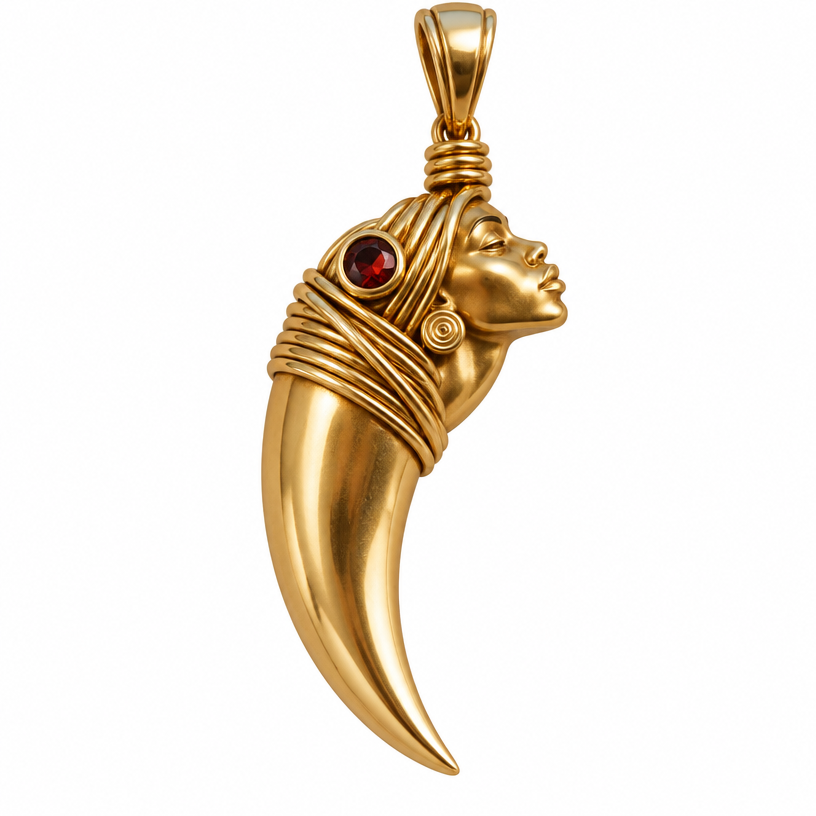 A african women's pendant made of gold. wire wrap the top of the tooth leave the bottom exposed and put a jewel in the groove in the center
using the attached image as a visual reference, create A african women's pendant made of gold. wire wrap the top of the tooth leave the bottom exposed and put a jewel in the groove in the center. photorealistic, just the design no text