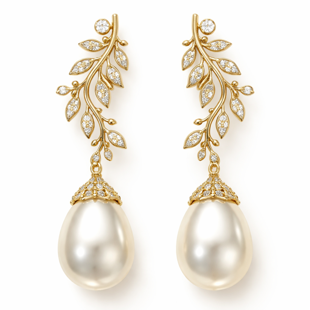 Gold pearl drop earrings with an olive branch and vine design and small white diamonds
