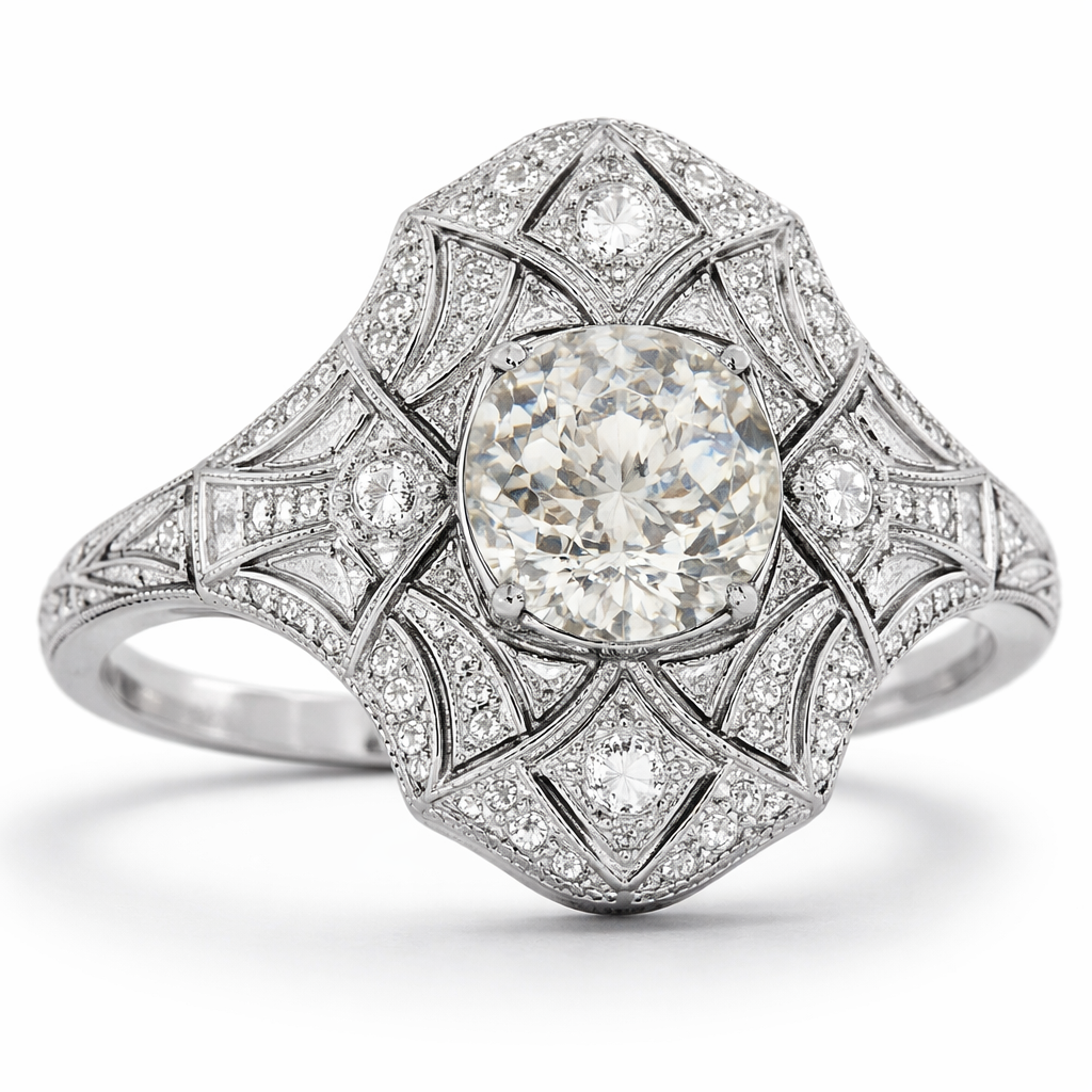 Is silver banned with beautiful designs, but just plain designs And a diamond in the middle but an old mine diamond
Is silver banned with beautiful designs, but just plain designs And a diamond in the middle but an old mine diamond, art_deco style