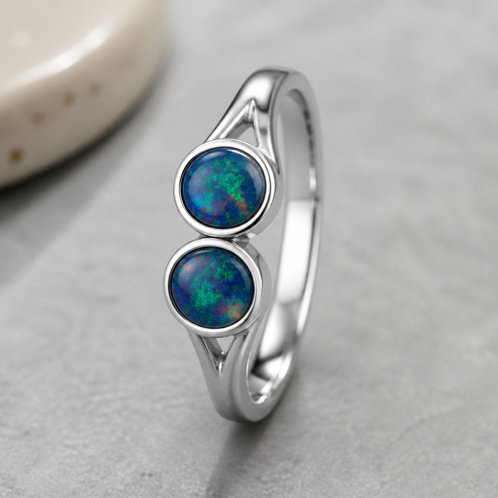 A modern women's ring made of silver suitable for daily wear, ultra-minimalist, very simple and clean, understated, no embellishments. I want two black opals about 8mm one on top of the other and a simple design on the side
photorealistic jewelry design, A modern women's ring made of silver suitable for daily wear, ultra-minimalist, very simple and clean, understated, no embellishments. I want two black opals about 8mm one on top of the other and a simple design on the side, modern style, just the design no text