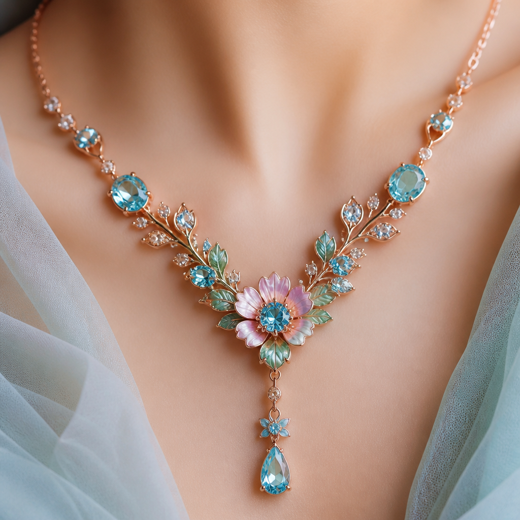 A romantic women's necklace made of rose gold with aquamarine stones suitable for anniversary. mimics the soft textures and colors of the painting, using greens, blues, and hints of pink style, ultra realistic.
photorealistic jewelry design, A romantic women's necklace made of rose gold with aquamarine stones suitable for anniversary. mimics the soft textures and colors of the painting, using greens, blues, and hints of pink style, ultra realistic., romantic style, just the design no text