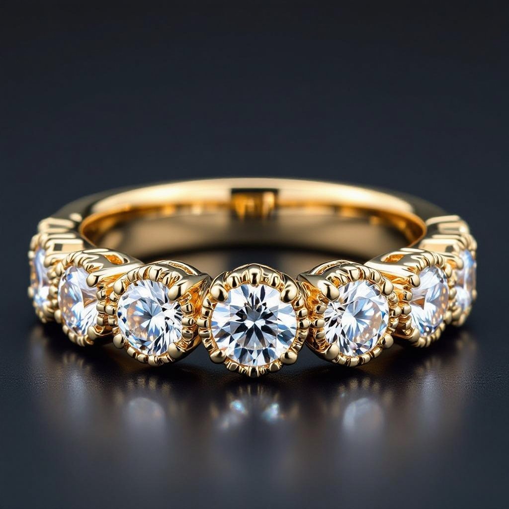 Gold wedding alliance with diamonds set all around in beads setting