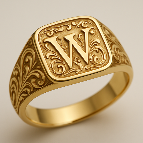 Gold signet ring that has a fancy W in the middle with fancy design on the out side band