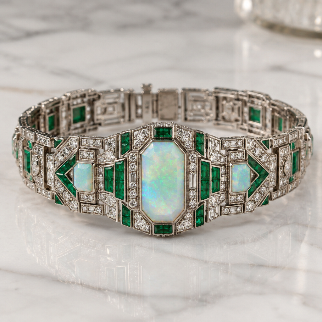 A art deco women's bracelet with emerald and diamond and opal stones suitable for anniversary, highly ornate, intricate and elaborate, richly detailed. simple but hot rich
photorealistic jewelry design, A art deco women's bracelet with emerald and diamond and opal stones suitable for anniversary, highly ornate, intricate and elaborate, richly detailed. simple but hot rich, art_deco style, just the design no text