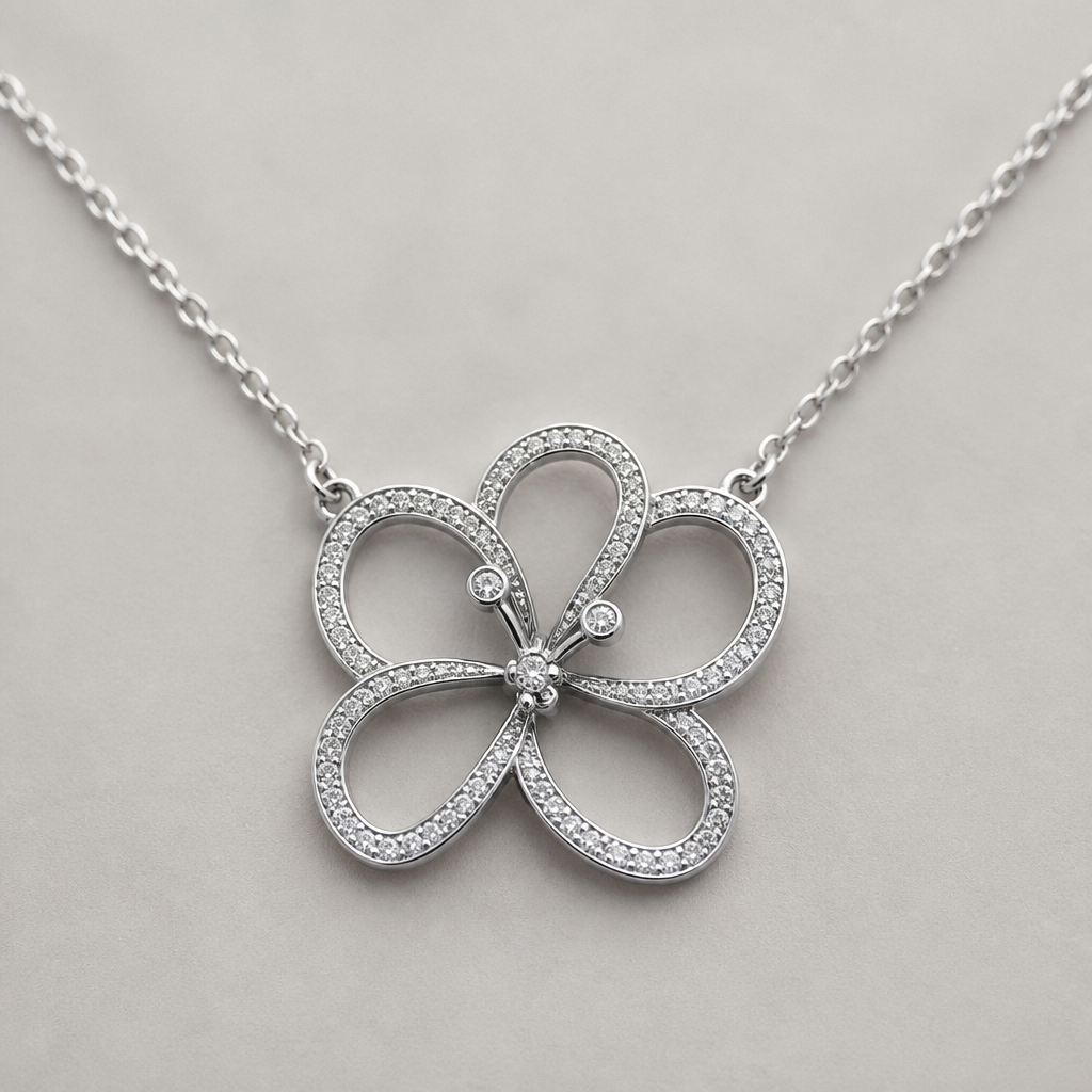 A women's necklace made of silver. hibicus ligne fine, (diamand poutours des petales vide, toutes les petales) et delicat ,3 tres petit diamand dans le milieu au bout de la tige interieur de la fleur vide, plus detail, 5 petales chaine de chaque coté, tige qui ne depasse la fleur,
photorealistic jewelry design, A women's necklace made of silver. hibicus ligne fine, (diamand poutours des petales vide, toutes les petales) et delicat ,3 tres petit diamand dans le milieu au bout de la tige interieur de la fleur vide, plus detail, 5 petales chaine de chaque coté, tige qui ne depasse la fleur,, modern style, just the design no text