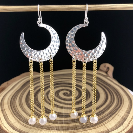 Серебряные серьги словно мятое серебро в форме полумесяца вертикальныйсверху крепится к швензе. От полумесяца идет три цепочки золотого цвета, у каждой на конце мелкий камушек лунный камень