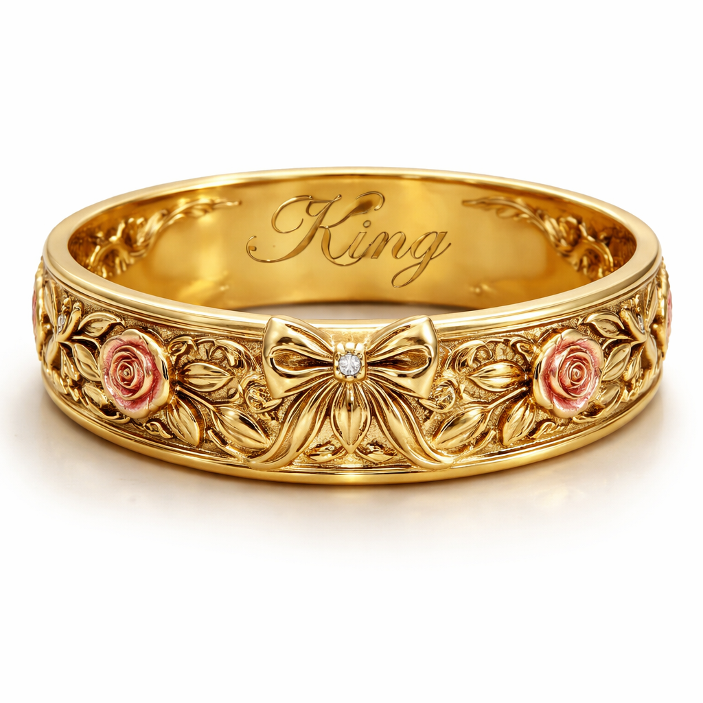 I would like a wrist accessory with the word "king" engraved inside, and with engraved designs of a bow and rose as decorations. I would like the accessory to be made of yellow gold, with very delicate rose decorations and a very subtle bow.