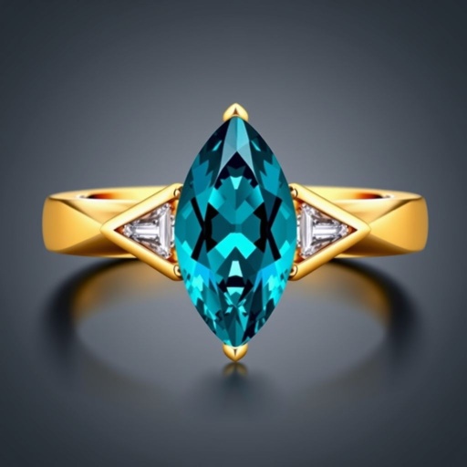 Center stone - 2 Carats Teal sapphire marquise shape. Side stones - baguette cut 0.25 Pointer Diamond. Ring metal 18K Yellow Gold