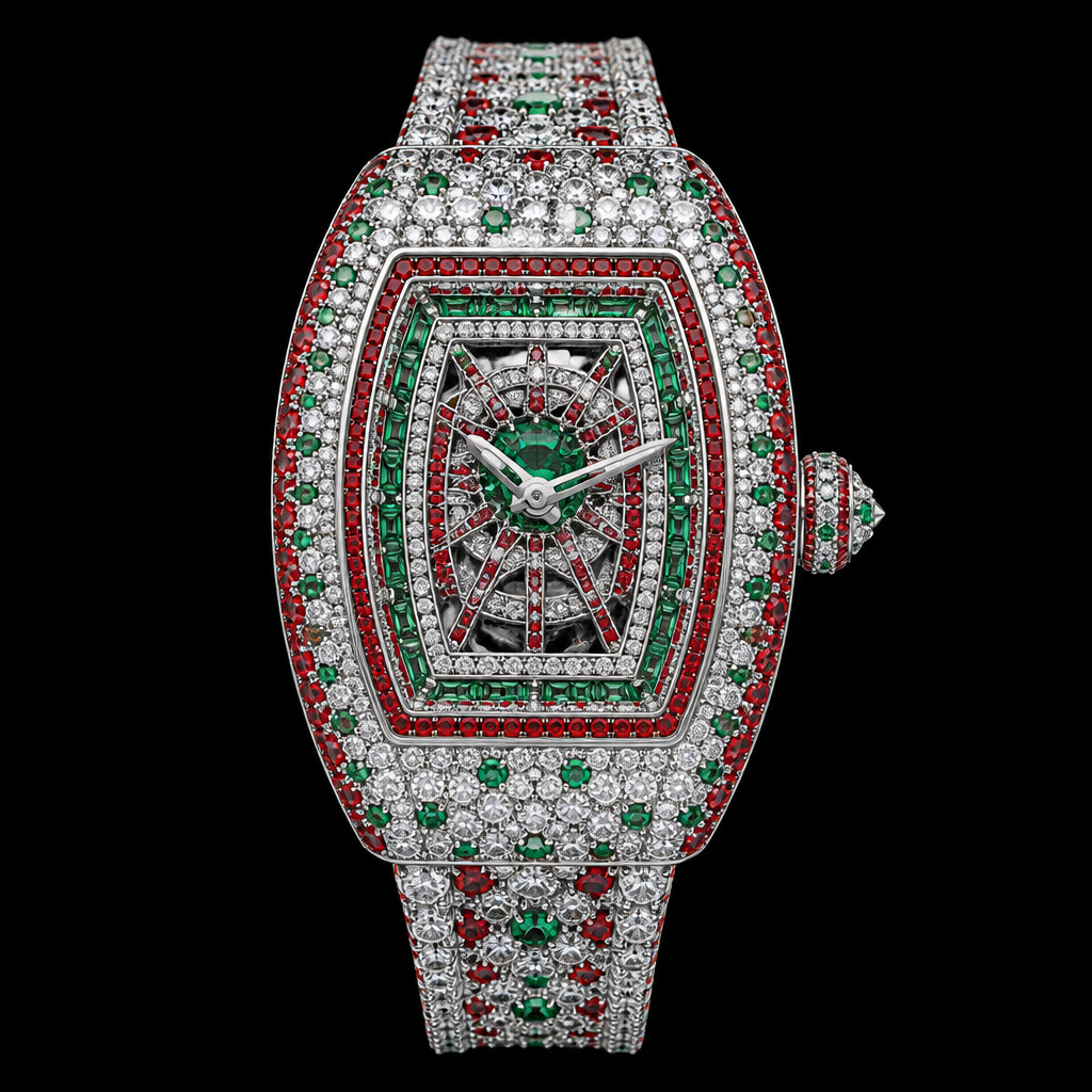 A women's watch. make Richard mill but coverd in red in green shining white diamonds 40 cr all diamonds real expensive
photorealistic jewelry design, A women's watch. make Richard mill but coverd in red in green shining white diamonds 40 cr all diamonds real expensive, modern style, just the design no text
