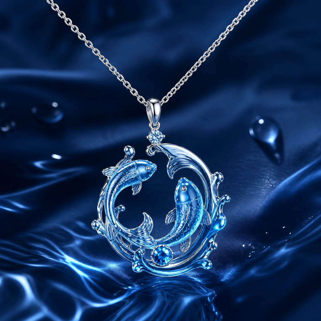 A women's necklace. a necklace with a pisces π pendant and the it should be in royal light blue colour and like water
photorealistic jewelry design, A women's necklace. a necklace with a pisces π pendant and the it should be in royal light blue colour and like water, modern style, just the design no text