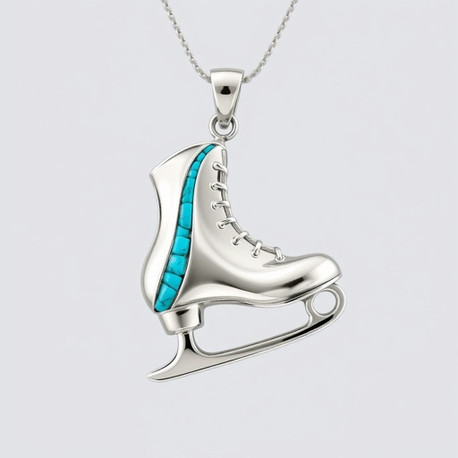 Silver Pendant shape one ice skate with turquoise stripe inside the low thin part blade