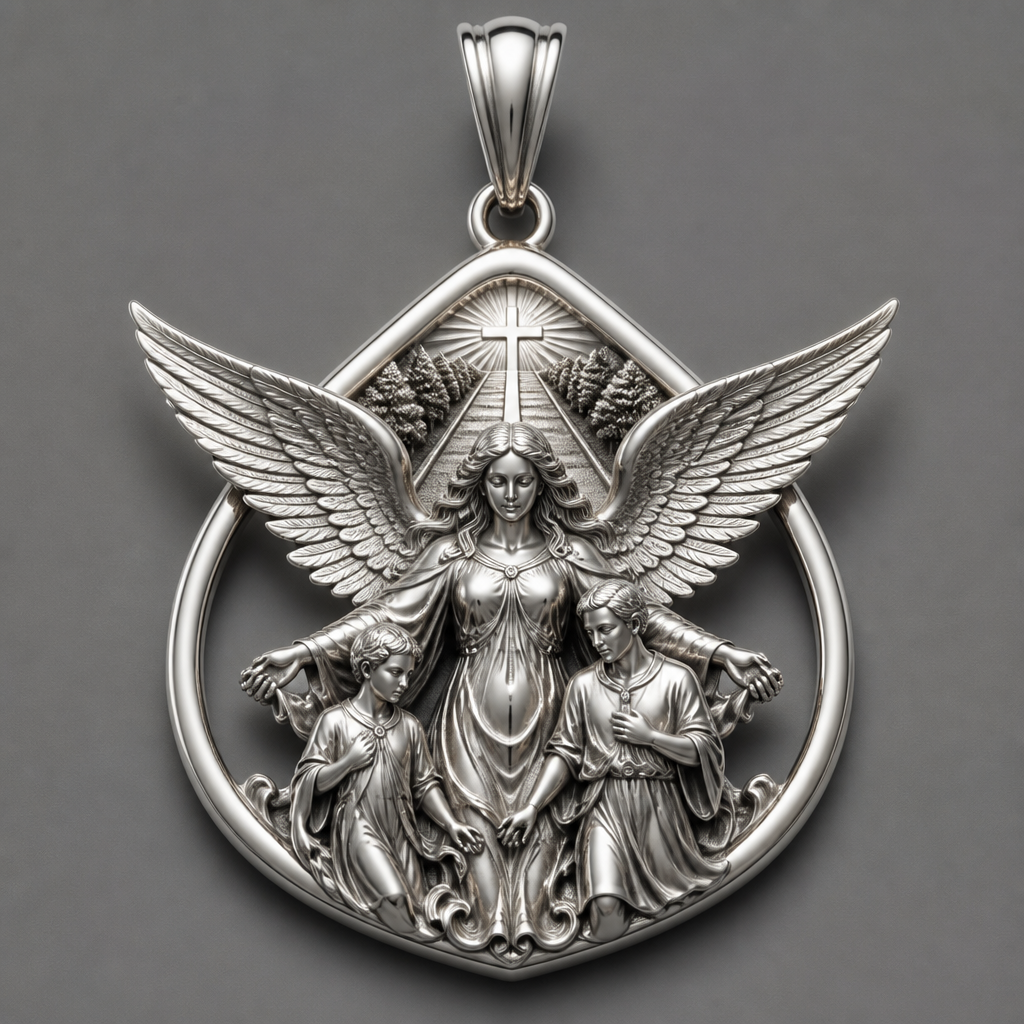 A modern women's pendant made of silver suitable for festival. An extraordinary excellent beautiful delicate and elegant pendant with the Guardian Angel with a beautiful delicate and elegant face, with long hair, with big wings flying, with a beautiful delicate elegant and with beautiful curves at her body, with a beautiful delicate and elegant tunic holding a child and an adult with its hands protecting them and guiding them on the way of the Holy Trinity. Sawing the way of the Holy Trinity.