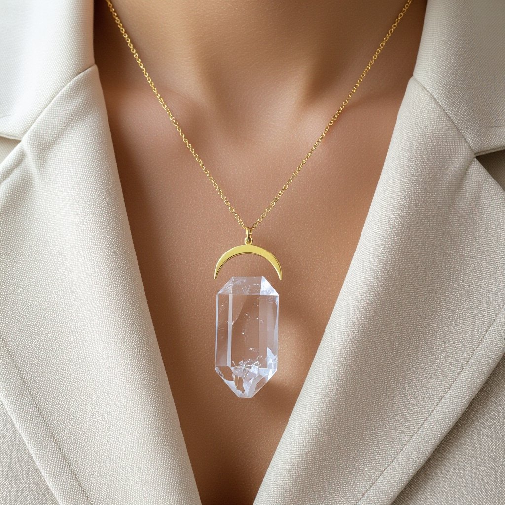 Прозрачный белый длинный кристалл горного хрусталя шестигранный золотой матовый тонкий полумесяц подвеска рядом все на одной цепочке