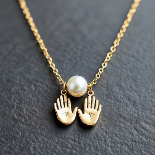 Украшение на шею золотая цепочка с подвеской в виде двух ладоней которые держат жемчужину по центру
