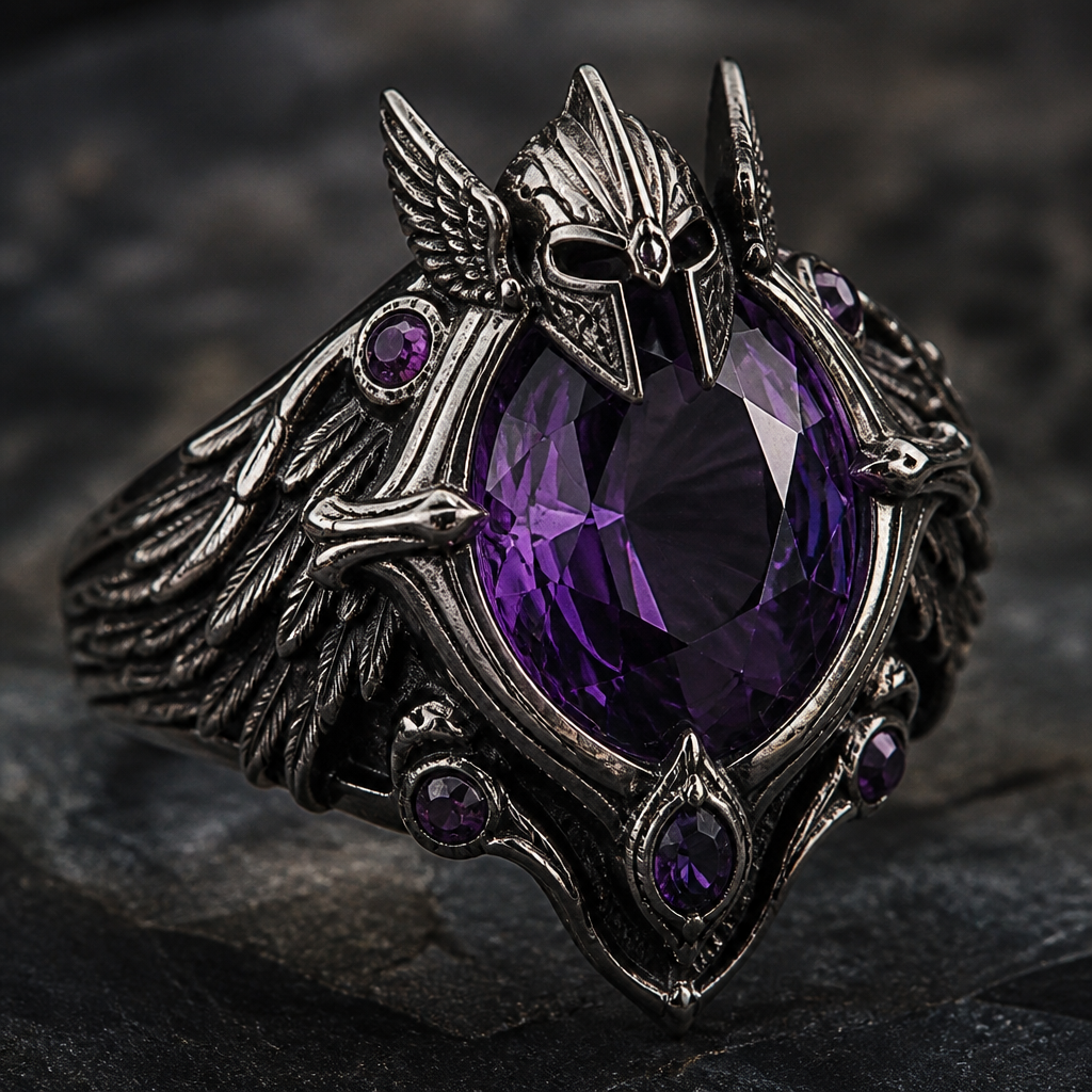 A gothic women's ring with amethyst stones suitable for festival. aro medieval que parece echo por un vikingo , representa el valhala y que nos veremos en la próxima vida
photorealistic jewelry design, A gothic women's ring with amethyst stones suitable for festival. aro medieval que parece echo por un vikingo , representa el valhala y que nos veremos en la próxima vida, gothic style, just the design no text