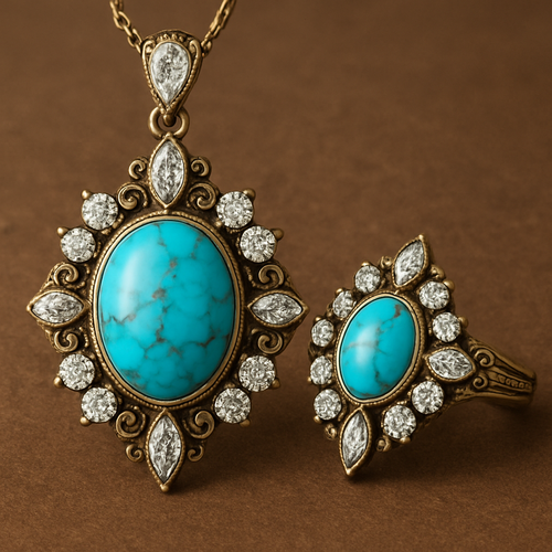 to design a pendant and a ring featuring the main turquoise incorporating round, marquise, and pear-shaped diamonds as additional elements. 