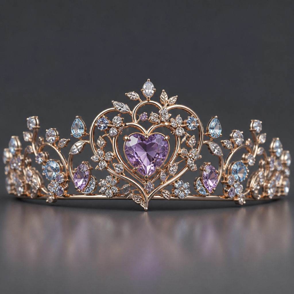 A romantic women's tiara made of rose gold with diamond and amethyst and aquamarine stones suitable for formal, highly ornate, intricate and elaborate, richly detailed. delicado y sencillo y que el corazon este envuelto en finas enredaderas
photorealistic jewelry design, A romantic women's tiara made of rose gold with diamond and amethyst and aquamarine stones suitable for formal, highly ornate, intricate and elaborate, richly detailed. delicado y sencillo y que el corazon este envuelto en finas enredaderas, romantic style, just the design no text