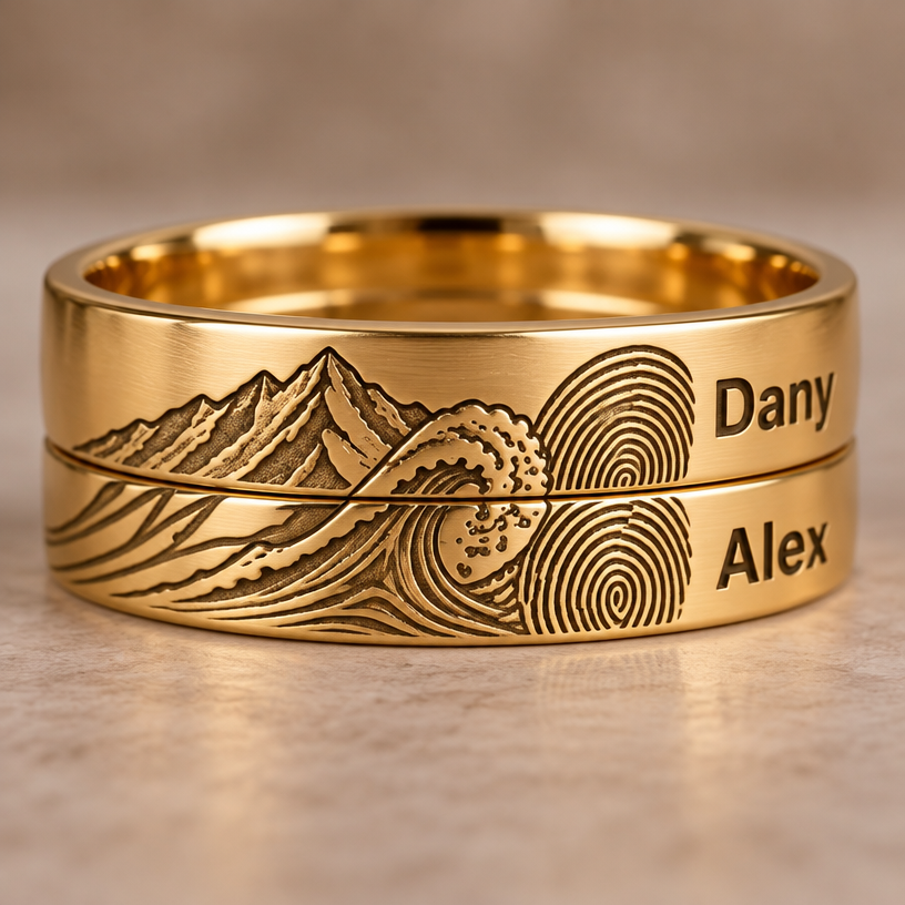 A women's ring. en cuenta todo lo que está anotado blancos señalado con los flechas
otra muestra por favor pero hasta ahora que la huella digital humana esté en las dos argollas
quiero que que tal cual como la anterior pero sí las huellas que en una que es la mitad de la otra
que le quite lo que está arriba de la ola
y le añadas después de la huella digital en uno le pones un nombre Dany y el otro Alex letra imprenta gruesa
sí pero déjalos como estaban en el anterior solo añádele los nombres
using the attached image as a visual reference, create A women's ring. en cuenta todo lo que está anotado blancos señalado con los flechas
otra muestra por favor pero hasta ahora que la huella digital humana esté en las dos argollas
quiero que que tal cual como la anterior pero sí las huellas que en una que es la mitad de la otra
que le quite lo que está arriba de la ola
y le añadas después de la huella digital en uno le pones un nombre Dany y el otro Alex letra imprenta gruesa
sí pero déjalos como estaban en el anterior solo añádele los nombres. photorealistic, just the design no text