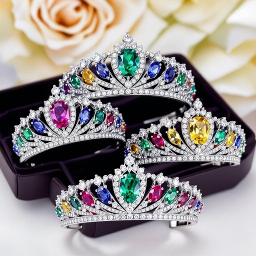 Make four tiaras inspired by hogwarts, one for each house, silver with diamonds in the color of each house