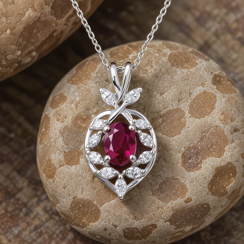 7x5mm oval pigeon blood ruby with 8 marquis cut diamonds each .08ct set in white gold pendant 