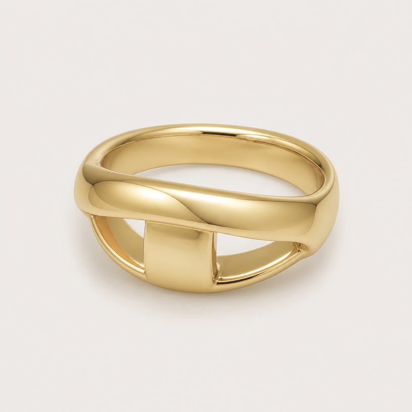 A minimalist women's ring made of gold
using the attached image as a visual reference, create A minimalist women's ring made of gold. photorealistic, just the design no text