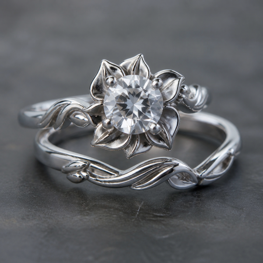 Silver ring set consisting of two separate rings with one white main stone and petals
photorealistic jewelry design, Silver ring set consisting of two separate rings with one white main stone and petals , art_nouveau style, just the design no text