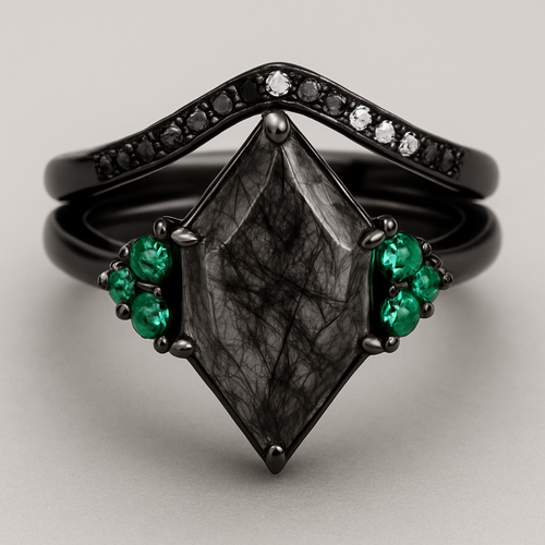 Black band, long kite cut rutilated black quartz, emerald accent stones 3 on each side in a cluster, add a wedding band that curves around the top of the main stone with black and white stones
