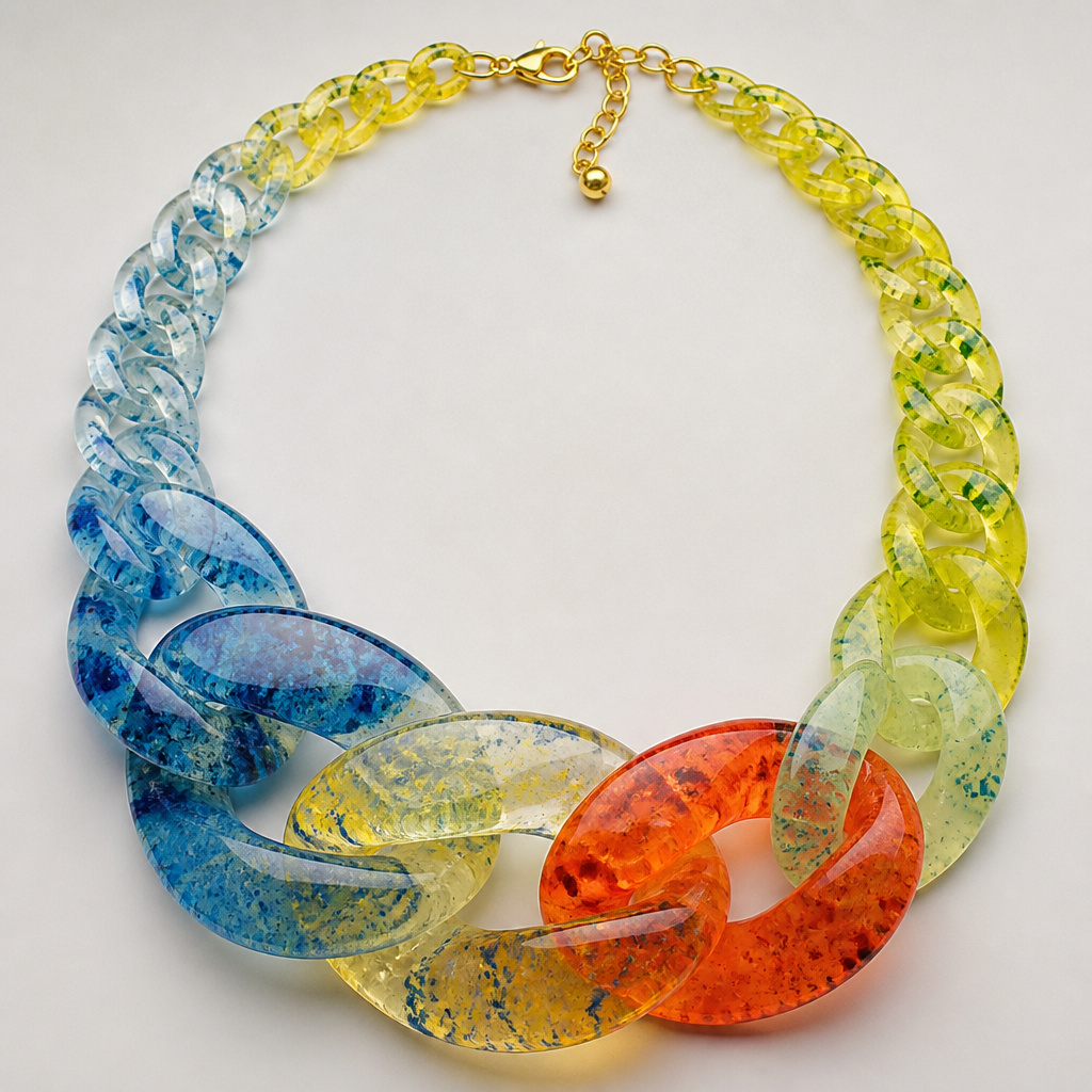 A women's necklace. create a chunky Cuban links style plastic necklace that is graduated and exaggerated in the first three links of translucent colors inspired by fancy guppy fish
photorealistic jewelry design, A women's necklace. create a chunky Cuban links style plastic necklace that is graduated and exaggerated in the first three links of translucent colors inspired by fancy guppy fish, modern style, just the design no text
