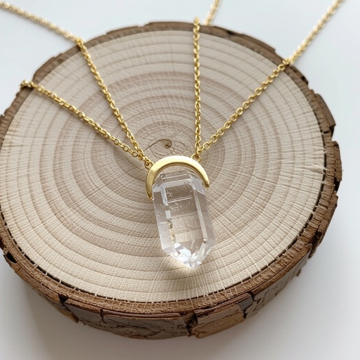 Прозрачный белый длинный кристалл горного хрусталя шестигранный золотой матовый тонкий полумесяц подвеска рядом все на одной цепочке