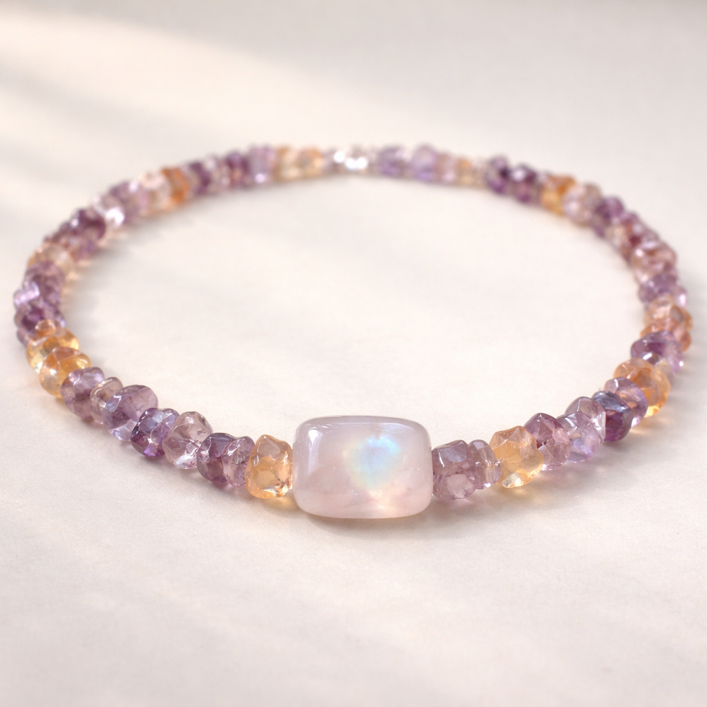 Choker using ametrine chips with a central different stone but no metal setting