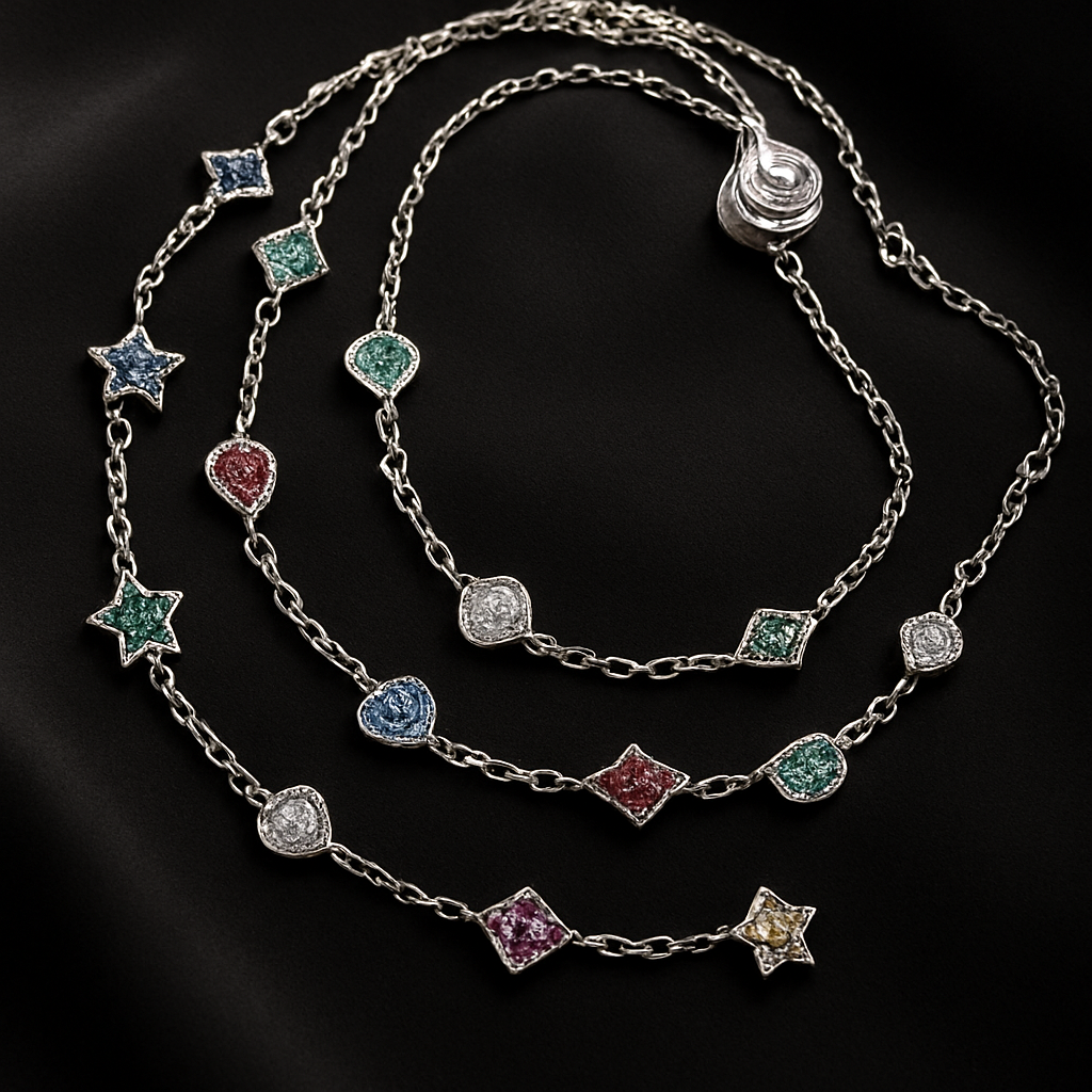 Fine jewelry multi-layer necklace composed of a long platinum chain  that can wrap around the neck several times, creating layered loops.  The chain is made of individual links spaced about 5 cm apart —  each link is a unique geometric charm: tiny stars of various shapes,  hearts, rounded discs, rhombuses, and soft-edged squares,  each intricately inlaid with micro pavé colored gemstones (sapphires, emeralds, rubies).  All charms harmonize in color and shape, creating an artistic rhythm.   The necklace has an elegant 10 cm adjustable chain at the clasp,  ending with a delicate star charm. The clasp itself is round and artistic,  with refined details and high jewelry craftsmanship.  The overall style is luxurious, ethereal, and modern —  a blend of sacred geometry, cosmic light, and Van Cleef-style elegance.   ultra-macro fine jewelry photography, platinum metal,  shallow depth of field, soft light reflections,  black silk background, realistic diamonds and gemstones sparkle,  high-end editorial look, XIOR brand style.