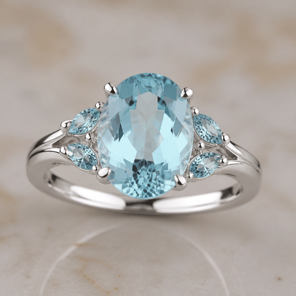 A women's ring made of white gold with aquamarine stones. Anelmcom pedra central oval de 11 mm x 9 mm
photorealistic jewelry design, A women's ring made of white gold with aquamarine stones. Anelmcom pedra central oval de 11 mm x 9 mm, modern style, just the design no text