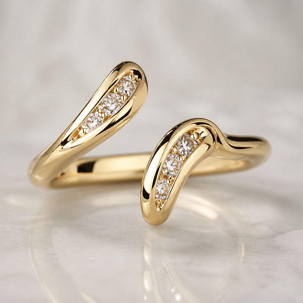A modern women's ring made of gold with diamond stones
photorealistic jewelry design, A modern women's ring made of gold with diamond stones, modern style, just the design no text