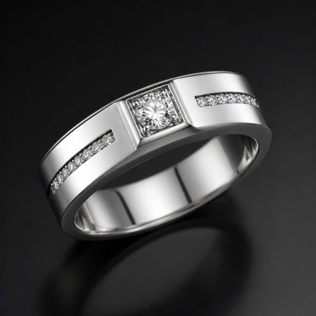 A modern men's ring made of silver with diamond stones suitable for daily wear
photorealistic jewelry design, A modern men's ring made of silver with diamond stones suitable for daily wear, modern style, just the design no text