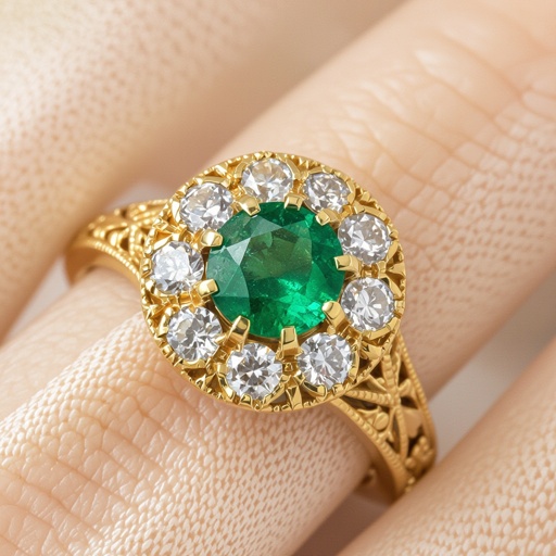 Anillo con Central de esmeralda redonda con 6 diamantes al rededor en oro amarillo 