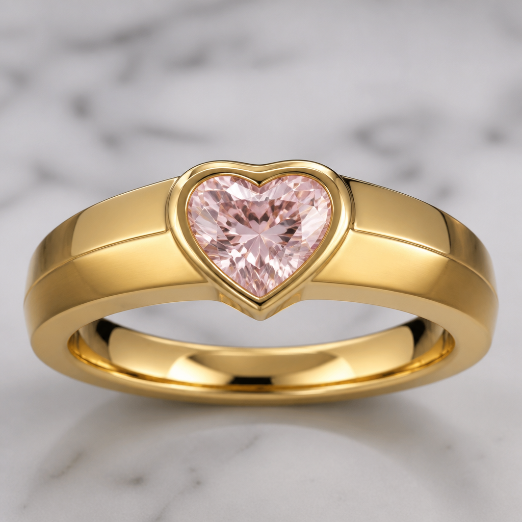 A men's ring. une bague délicate en or pur avec un diamant rose en forme de cœur
photorealistic jewelry design, A men's ring. une bague délicate en or pur avec un diamant rose en forme de cœur, modern style, just the design no text