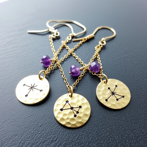 Серьги длинные на цепочках матовое золото мятое. Символ схематично созвездие. Маленькие фиолетовые камушки