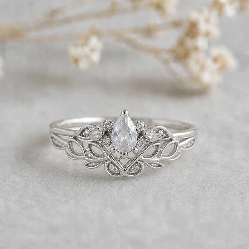 on the lower ring I’d prefer the leaves partly carved in instead of filled with crystals
edit the attached jewelry design with these instructions: on the lower ring I’d prefer the leaves partly carved in instead of filled with crystals. keep it photorealistic, just the design no text