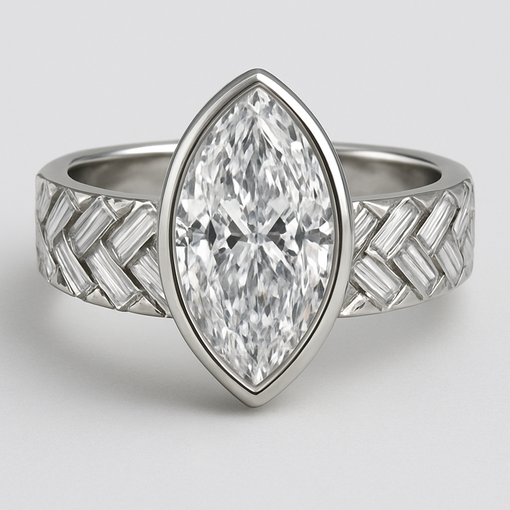 Bezel set 6 carat marquise diamond center stone with baguette diamonds in a herringbone pattern in the band