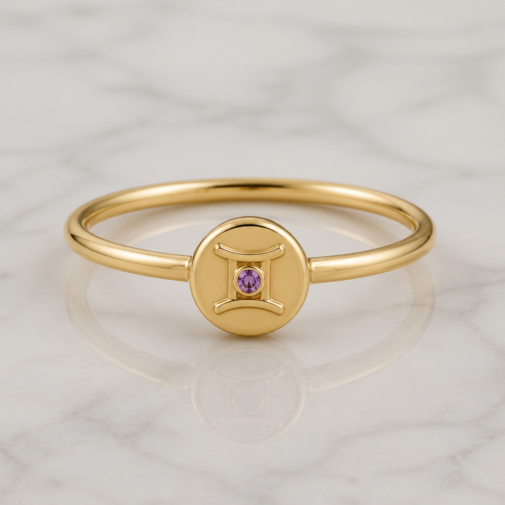 A minimalist women's ring made of gold with amethyst stones suitable for daily wear. um anel com fio dourado, ouro, a joia em um circulo pequeno cheio , cravado em si o signo de gemeos contendo no seu centro um estilhaço pequeno de amethyst. um fio elegante, discreto, com um toque de charme e delicado
photorealistic jewelry design, A minimalist women's ring made of gold with amethyst stones suitable for daily wear. um anel com fio dourado, ouro, a joia em um circulo pequeno cheio , cravado em si o signo de gemeos contendo no seu centro um estilhaço pequeno de amethyst. um fio elegante, discreto, com um toque de charme e delicado, minimalist style, just the design no text